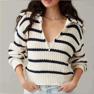 American Eagle Quarter-Zip Collared Blue & Cream Sweater - Size L